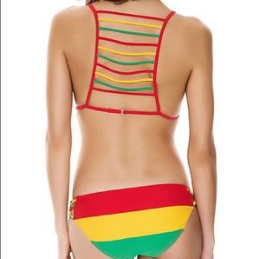 Striped Mesh-Back Bikini Set in Red, Yellow & Green